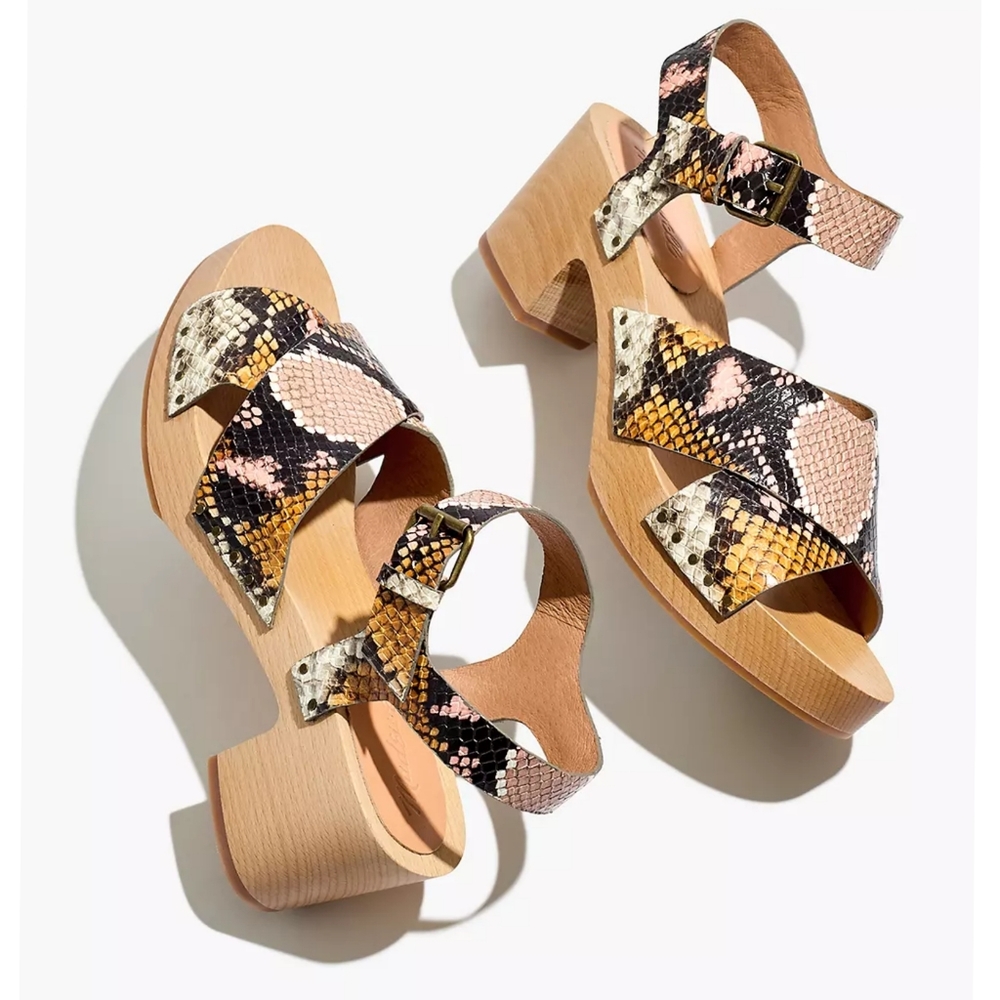 MADEWELL Johanna Crisscross Sandal in Snake Embossed Leather Wooden Clogs